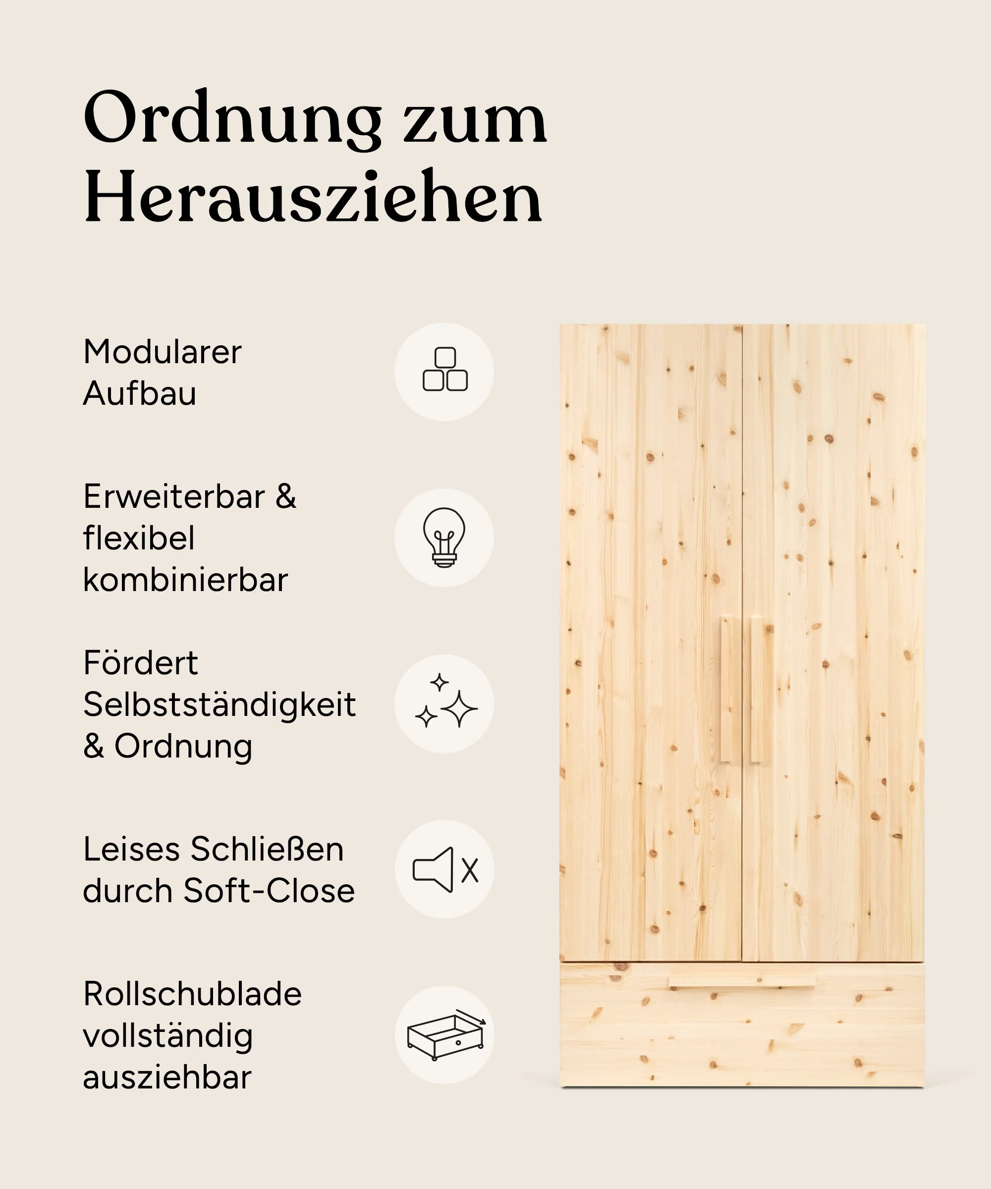 Kleiderschrank Linia mit Rollschublade | Kiefer Natur | 100 cm - Image 4