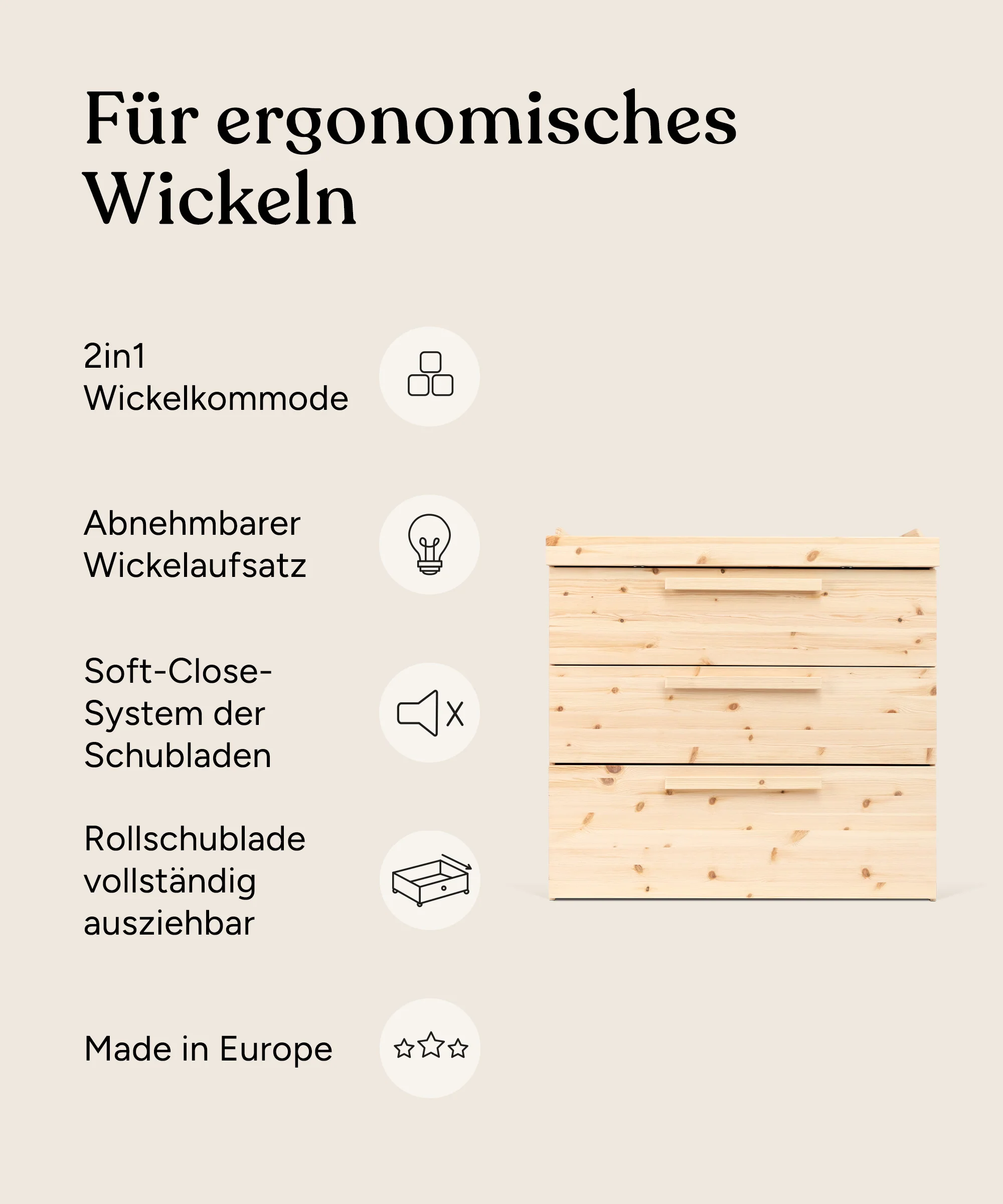 Wickelkommode Linia mit Rollschublade  | Kiefer Natur - Image 3